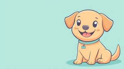 Fototapeta premium A happy cartoon puppy wearing a blue collar sits smiling