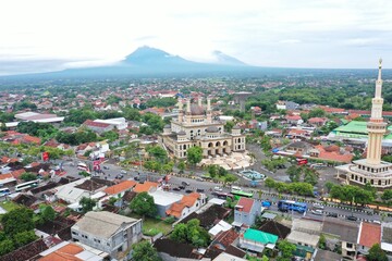 Aerial view of the splendor of the Al Aqsa Mosque in Klaten in the morning with Mount Merapi Mebabu in the background