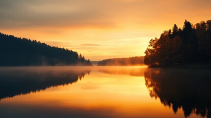 Obraz premium Serene Sunset Over Calm Lake with Reflective Water and Silhouetted Trees in the Background