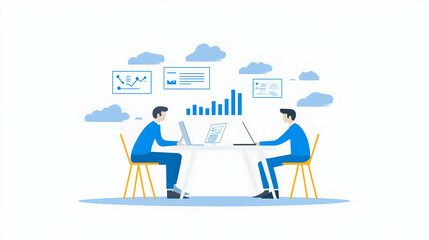 Two businessmen collaborate on laptops, analyzing data charts in a cloud-based office