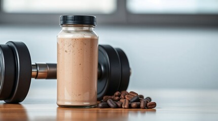 Protein coffee shake with dumbbell on wooden table