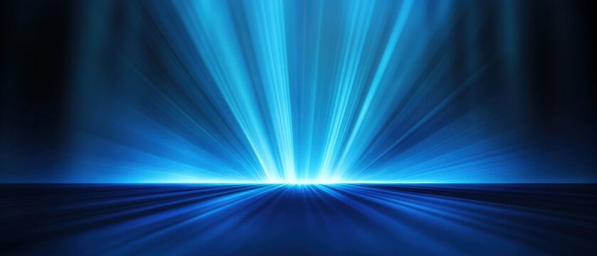Abstract blue light rays emanating from horizon, creating a futuristic and dynamic background with a sense of energy and motion