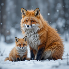 Obraz premium An elder red fox with a thick, fluffy coat sitting calmly beside a small, curious fox kit in a snowy winter landscape.