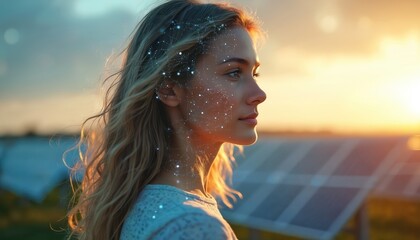Profile portrait of woman with digital futuristic overlay, solar panels at sunset. Concept of technology, renewable energy, eco innovation, forward thinking. Beautiful visionary girl. Face decorated