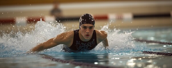 Fototapeta premium Swimmer intensely propels through a swimming pool doing butterfly stroke