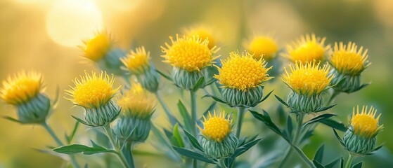 Yellow thistle flowers bloom in a field during sunset. For nature blogs and posts