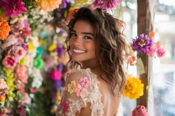 Obraz premium Enchanting Smile Amidst Blossoms: A radiant young woman with a captivating smile is embraced by a vibrant tapestry of colorful flowers, exuding joy and natural beauty.