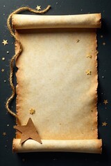 Rolled parchment, gold star, dark backdrop, rustic twine , historical, shadow, rustic