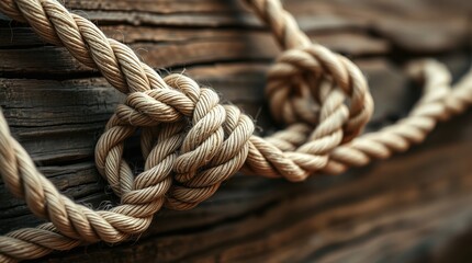 Various Rope Knots on Wooden Surface
