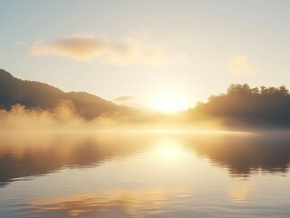 Fototapeta premium Misty sunrise over calm lake, mountains backdrop, peaceful scene, ideal for travel brochures