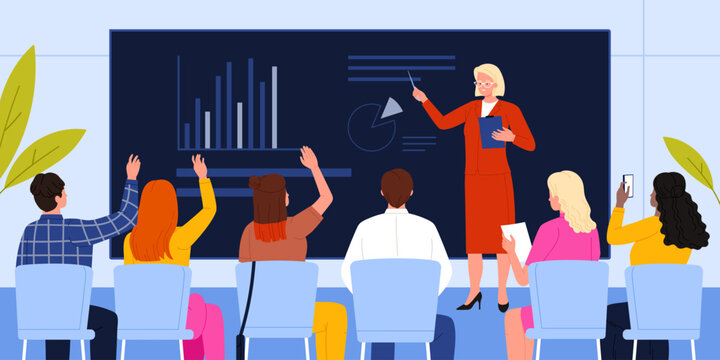 A woman stands in front of a class presenting data on a chalkboard. The audience consists of students who are raising their hands to ask questions and listening attentively.