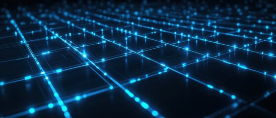 Obraz premium Futuristic glowing blue network grid background, representing data flow, artificial intelligence, and modern technology Concept of connectivity, innovation, and digital transformation