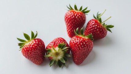 Several red strawberries lying isolated on a white background, front view. Vibrant and fresh ripe berry. Organic food. Minimalist scene, banner with text space