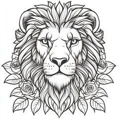 Obraz premium Majestic Lion Head Portrait with Roses Intricate Line Art Design Illustration