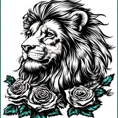 Obraz premium Majestic Lion Head Portrait with Roses Elegant Black and White Illustration