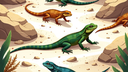 Fototapeta premium Skittering Lizards on Desert Rocks - A seamless pattern of lizards darting across sun-baked desert stones.