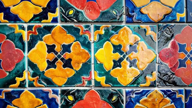 Aged ceramic tiles showcasing vibrant, traditional patterns
