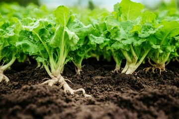 Fresh Garden Greens: A close-up view of vibrant leafy green plants flourishing in rich brown soil, showing the connection between nature and sustenance, showcasing healthy food growth.