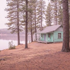 Rustic Cabin by a Misty Lake Surrounded by Pine Trees, Tranquil Landscape Photography
