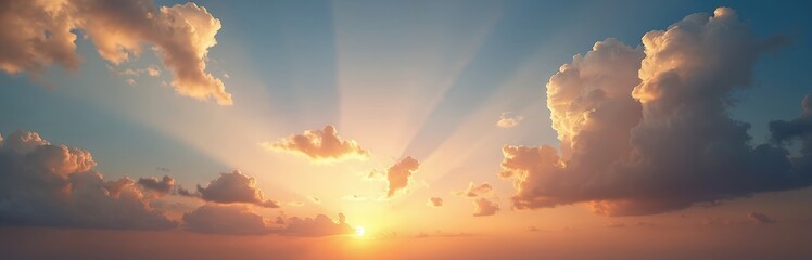 Fototapeta premium Panorama of sky with golden Cumulus clouds at sunset. Evening twilight scene features bright sunlight, natural beauty, and calm atmosphere. Heavenly cloudscape with soft, pastel colors and sunbeams.