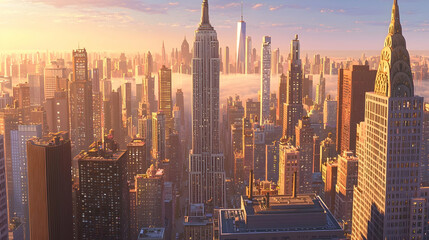 Obraz premium Sunrise over cityscape, skyscrapers, fog, aerial view, urban background, ideal for travel brochures