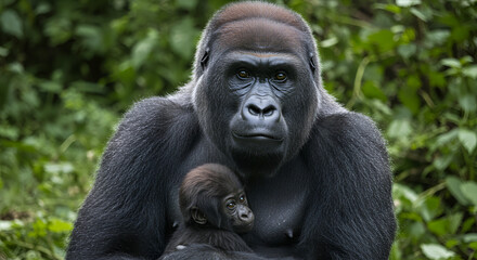 Wise Gorillas, A powerful silverback gorilla sitting calmly with a small baby gorilla nestled close to its chest. 