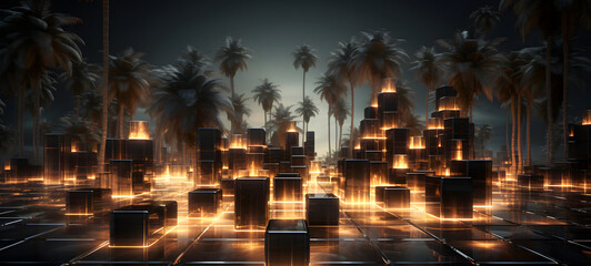 Obraz premium omposed entirely of cubes in various sizes, forming an abstract representation of coconut tree, ai generative