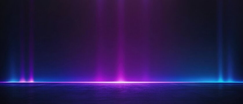 Abstract neon light beams in dark room with concrete floor, creating a futuristic stage or studio background with vibrant purple and blue colors