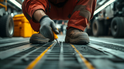 Closeup of a Worker in Orange Coveralls Repairing Metal Grating Floor