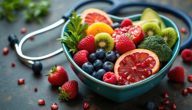 Heart shaped bowl filled with healthy fruits, berries, vegetables arranged with stethoscope. Nutritional food for heart health wellness by cholesterol diet, healthy nutrition eating. Cardiologist