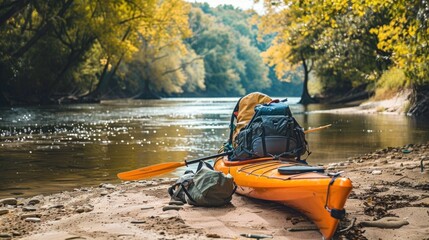 An orange kayak with gear sits near river bank