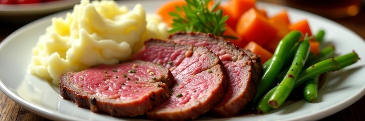 Sliced roast beef, creamy mashed potatoes, roasted carrots & green beans, delicious, carrots, meat