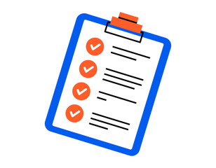 Hand drawn cute cartoon illustration clipboard with note. Flat vector check list form sticker doodle. Successful plan. Completed todo list icon. Check mark in box. Productivity concept. Isolated.