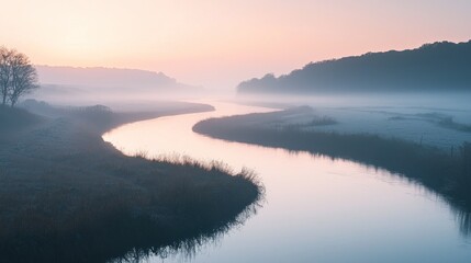 Fototapeta premium The winding river gently flows through misty green and pink landscapes