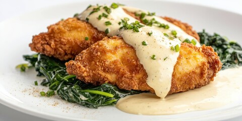 Juicy fried chicken breast with saut&Atilde;?ed spinach and creamy Alfredo sauce drizzles on a clean white backdrop
