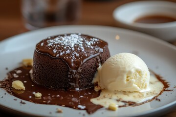 A deliciously soft and warm chocolate lava cake paired with melting vanilla ice cream.