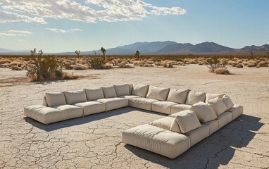 Large modular sofa placed in a wide, open desert landscape