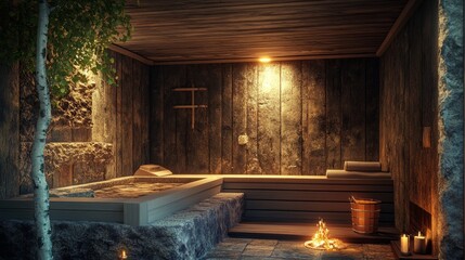 Obraz premium A warm sauna with a birch branch on the wall, creating an authentic and rustic vibe, cozy and inviting, ultra-detailed, 8k