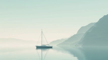 Minimalist Yacht Scene Overlooking Serene Sea and Mountains