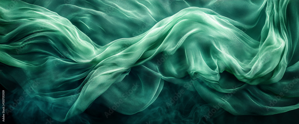 Poster green silk fabric texture, draped in soft waves creating elegant folds, showcasing fluidity and luxu