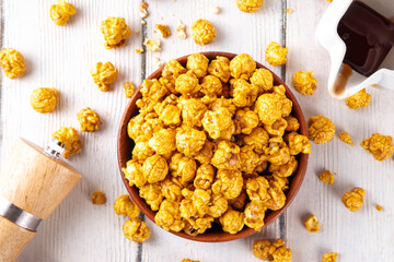 Crunchy homemade caramel salted popcorn, a sweet, flavorful snack for relaxing, watching movies, party