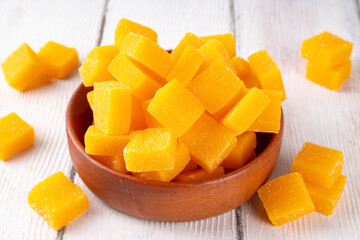 Dried mango cubes,organic mango fruit marmalade  jelly candies without added sugar, healthy sweets...