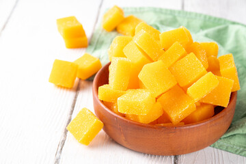 Dried mango cubes,organic mango fruit marmalade  jelly candies without added sugar, healthy sweets...