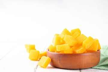 Dried mango cubes,organic mango fruit marmalade  jelly candies without added sugar, healthy sweets...