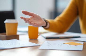 A business woman in a yellow sweater reaches across the conference table to make a proposal