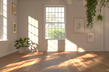 Fototapeta premium large white window in the center, an empty room with a light wooden floor and a plant on one side, a few framed pictures hanging on the wall, natural daylight, a bright mood