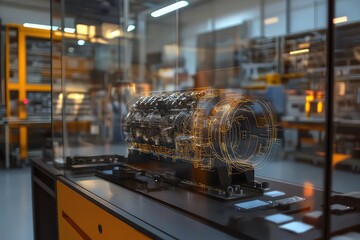 A digital factory where engineers use augmented reality to preview and adjust virtual engine components.