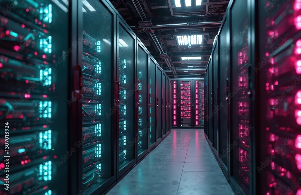 Poster fully operational server racks in data center. multiple rows of modern servers with blue and red neo