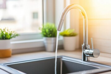 Close-up of fresh water running from faucet