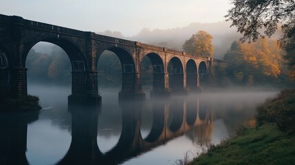 Misty Morning at Stone Arch Bridge over River